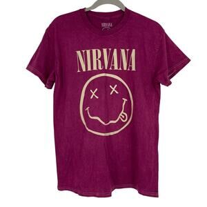Officially Licensed Nirvana Nevermind Smiley Grunge Tee Magenta Acid Wash Medium
